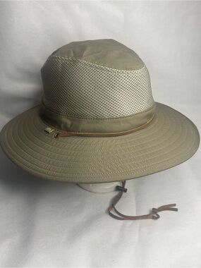 Solar Escape Sun Hat Boonie Bucket Fish Cap One Size Beige Olive Leather Mesh